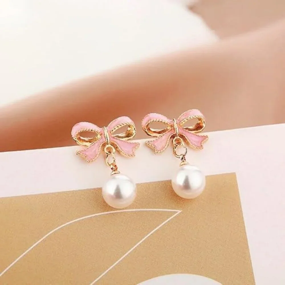 Women's Pink Earrings Long Tassel Chain Drop Earrings Trendy Small Bow Sparkly - Picture 7 of 9